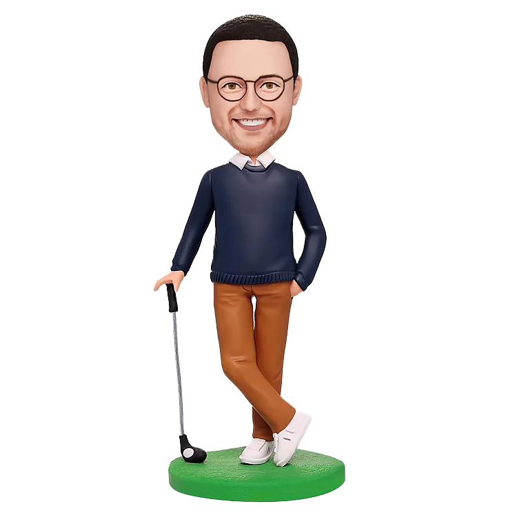 A bobblehead swinging a golf club