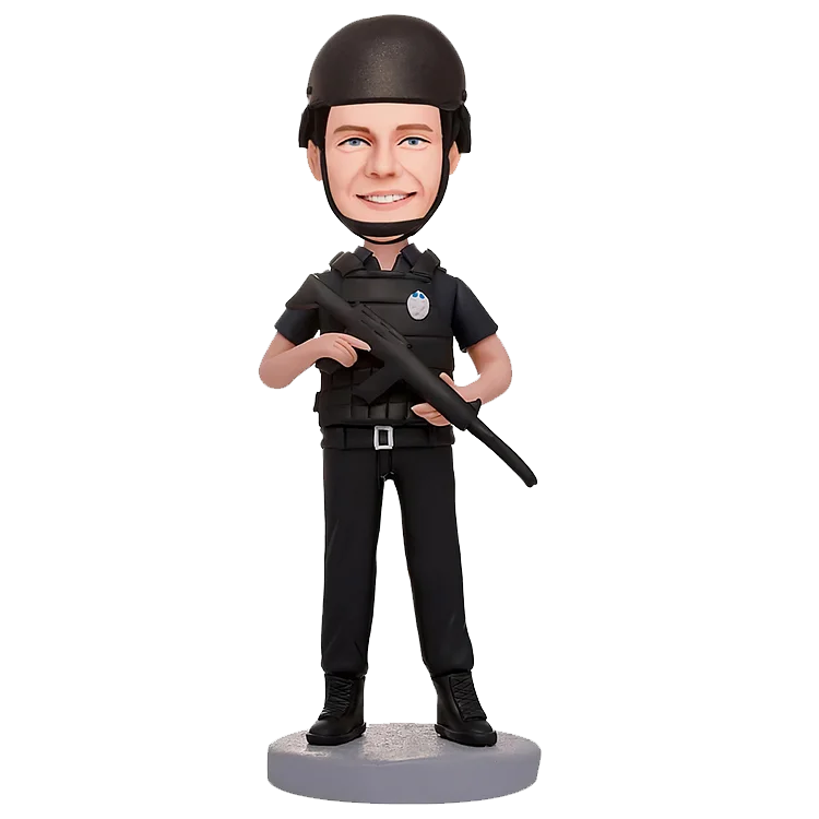 Personalize a bobblehead for a person holding a rifle
