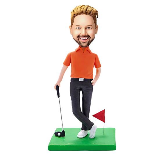 Personalized customized hand-held golf club orange casual outfit bobble head doll,custom father 3D statue, gifts for family members, bobble head doll birthday gift, anniversary Christmas gift,bobbleheads personalized,custom action figures