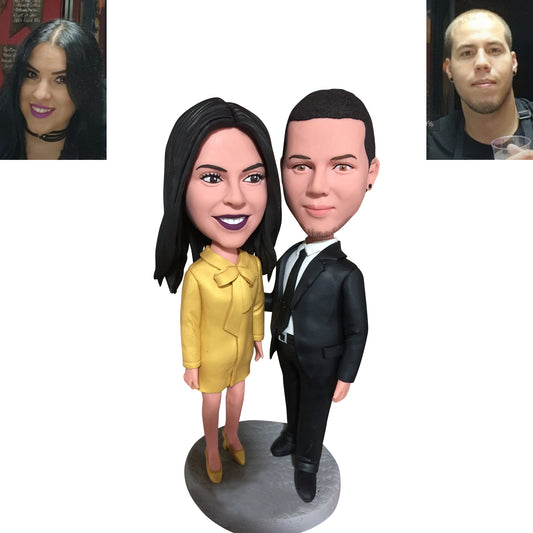 Personalized customization of black suit, yellow dress, bobblehead doll,handmade clay figurines,bobble head doll birthday gift, anniversary Christmas gift,custom bobble head figurines,custom made bobble head dolls