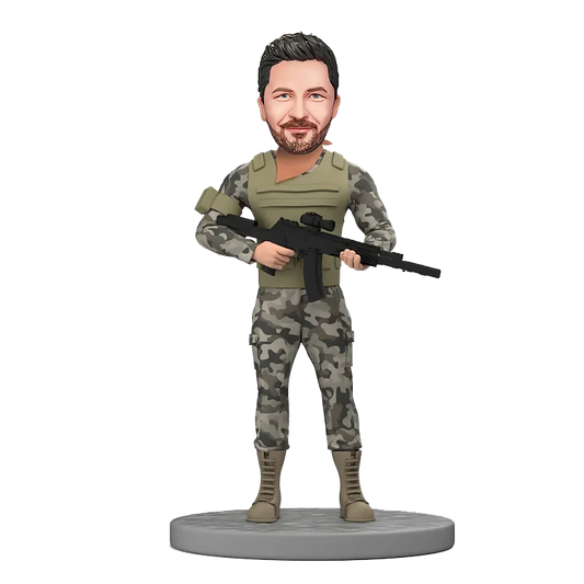 Personalize a bobblehead for a person holding a rifle