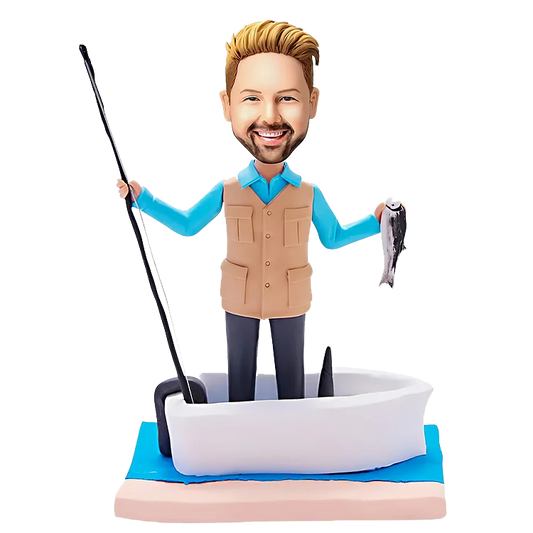 A bobblehead doll fishing on a small boat